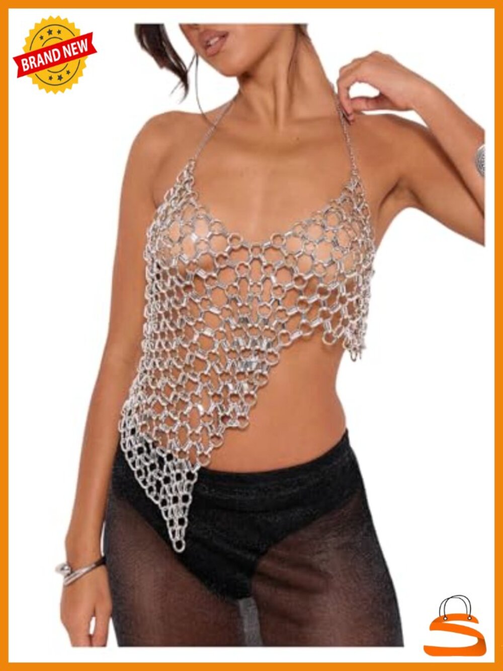 Halter Crop Top Metal Chain Strap Asymmetrical Open Back Night Out